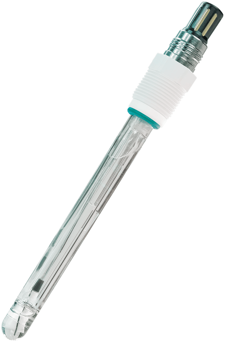 Close-up of a glass sensor probe with a white plastic connector and metal tip on a transparent background