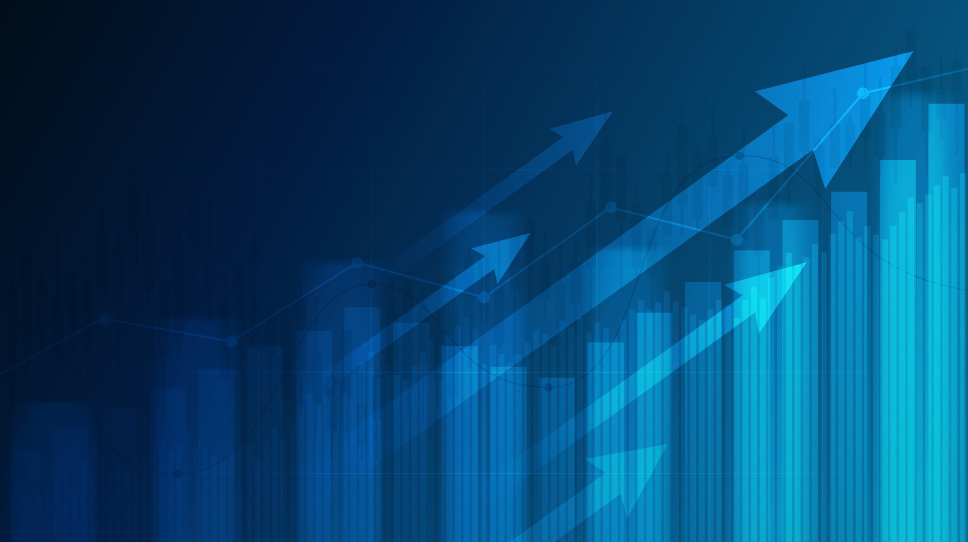 Abstract blue background featuring upward-trending arrows and bar graphs, symbolizing growth and data analysis.