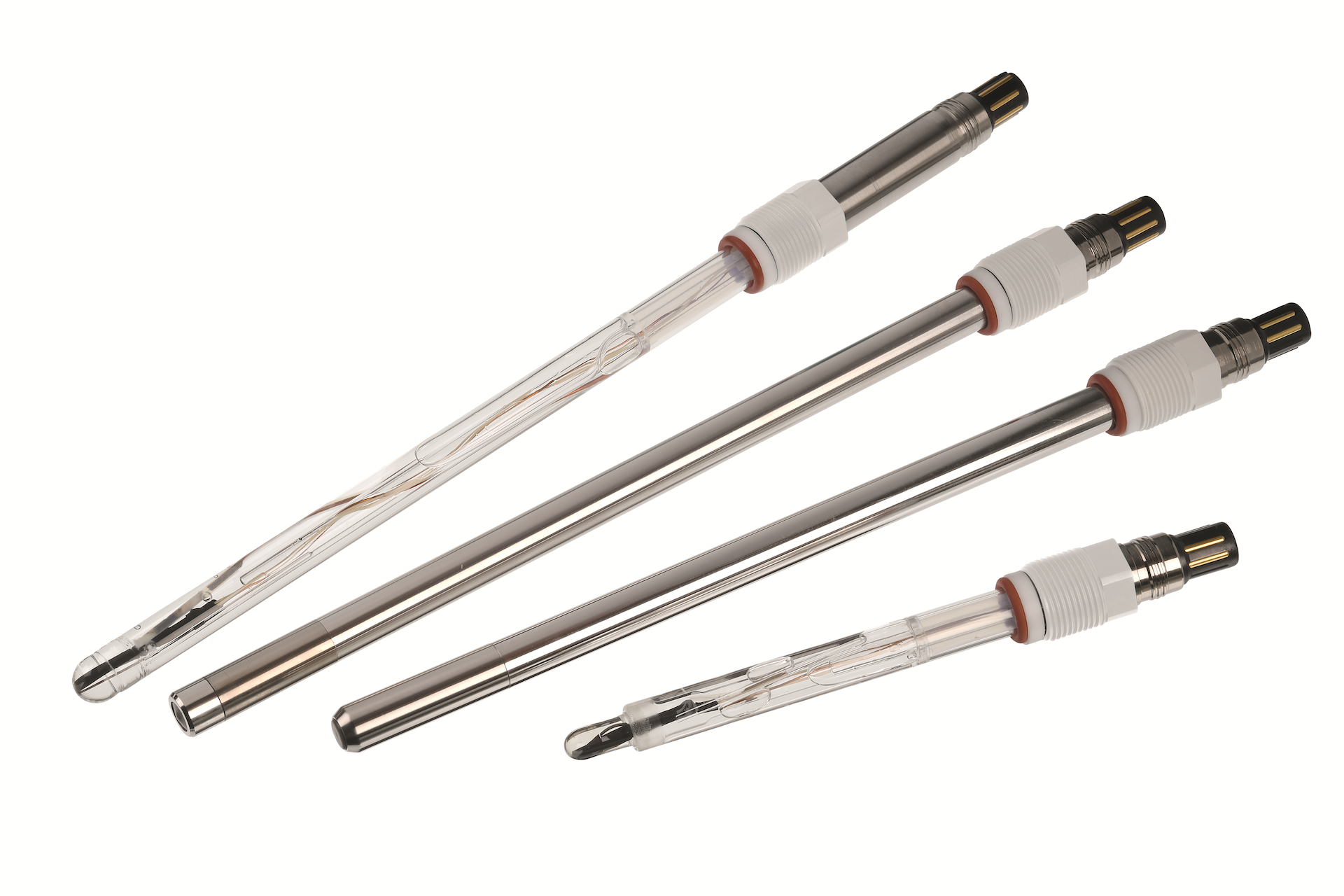 Close-up of four metallic standard pH sensors with transparent sections, featuring white plastic connectors and metal tips arranged on a white background.
