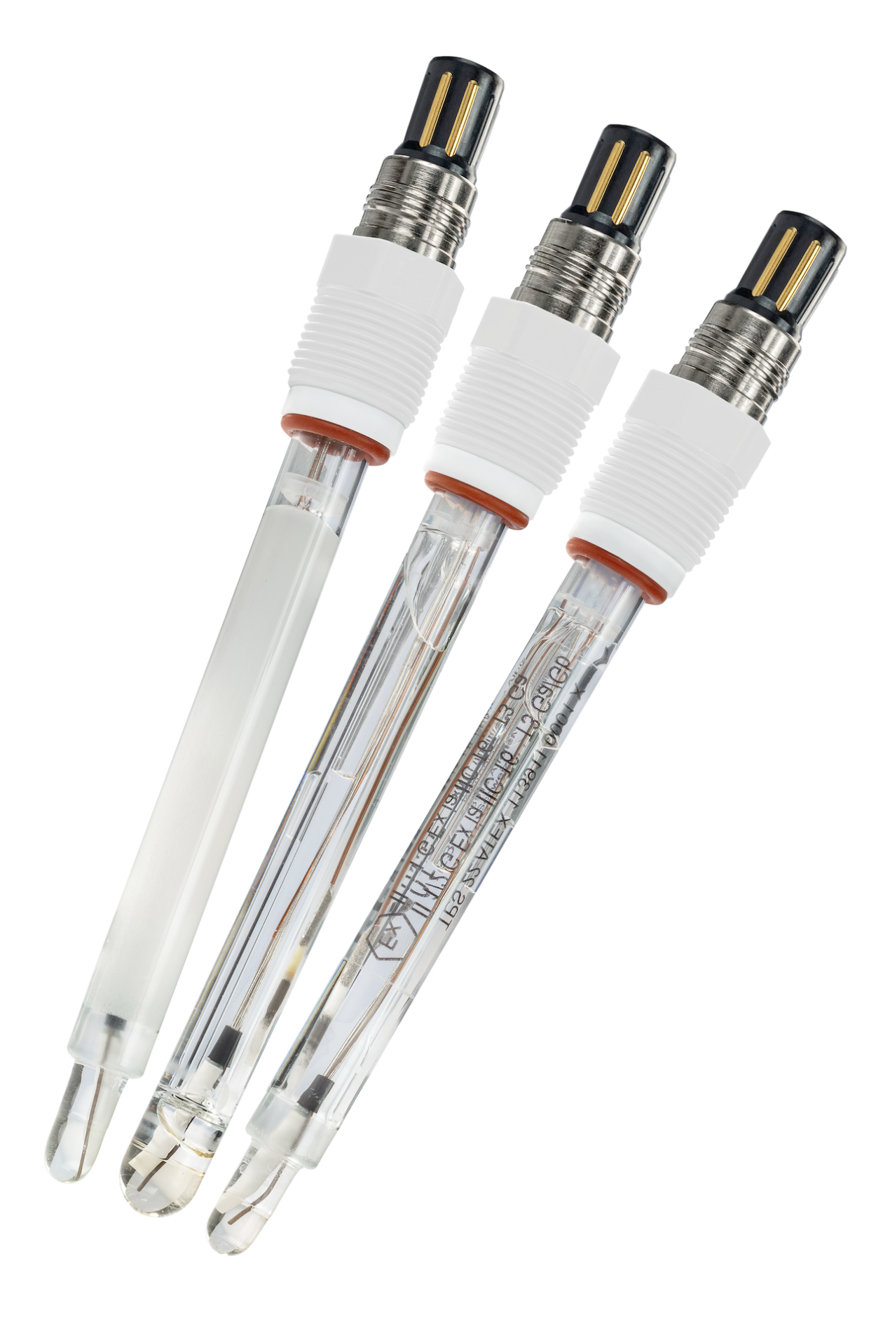 Close-up of a group of three glass pH sensor probes, each include a white plastic connector and a metal tip on a white background