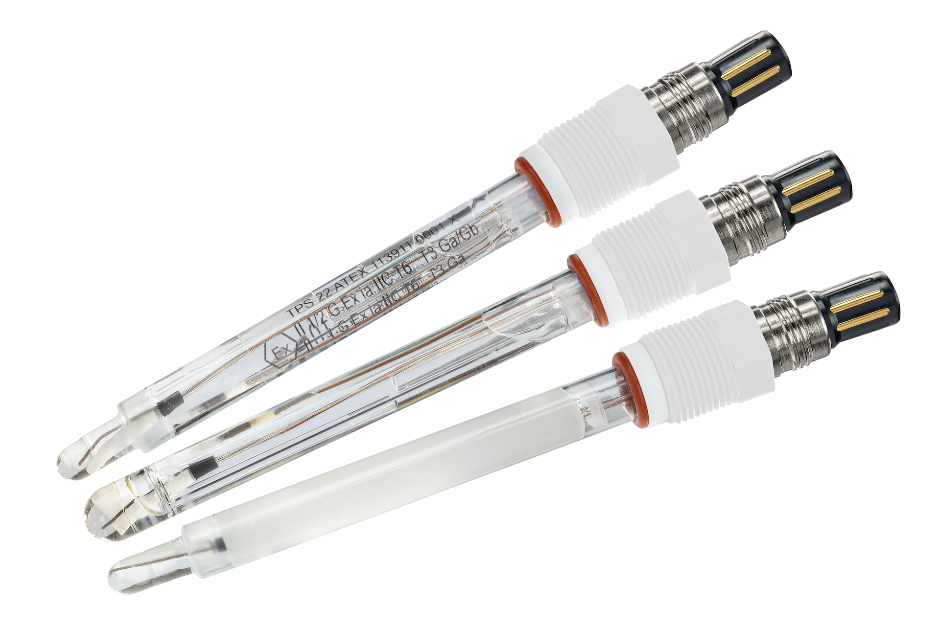 Close-up of a group of three glass pH sensor probes, each include a white plastic connector and a metal tip on a white background